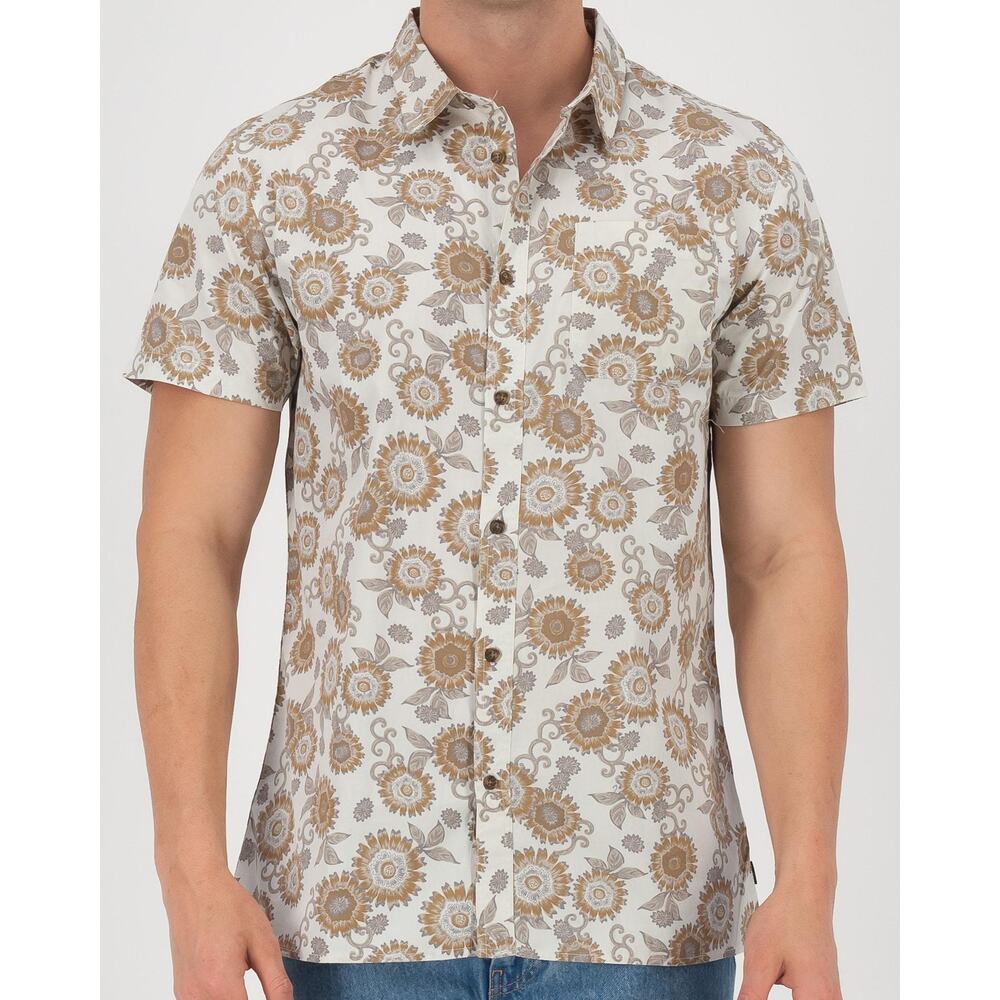 O'Neill Short Sleeve Floral Button-Down Shirt in White and Tan